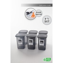 Aes Home Kırılmaz Kare Erzak Saklama Kabı Füme 1,20 lt x 6 Adet (6'lı Kaşık Seti ve Etiket)