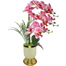 Nettenevime Yapay Çiçek 3lü Pembe Orkide Metal Krem Gold Saksıda Orkide 60CM
