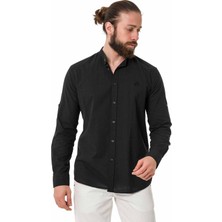 CH198 Hakim Yaka Yazlık Siyah Keten Gömlek