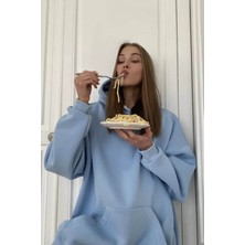 Madmext Mavi Kapüşonlu Şardonlu Oversize Sweatshirt MG1566