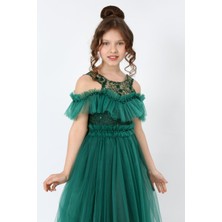 Kız Çocuk Tül Kumaş İşlemeli Astarlı Kolsuz Uzun Gece Parti Mezuniyet Zarif Abiye Elbise-ABY-0017