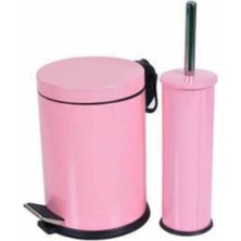 Pembe Çelik Banyo Seti Metal 3 Litre Pedallı Çöp Kovası ve Wc Fırçası Set
