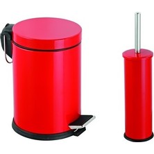 Çelik Kırmızı Banyo Seti Metal 3 Litre Pedallı Çöp Kovası ve Wc Fırçası Set