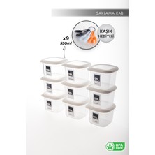 Aes Home Kırılmaz Kare Erzak Saklama Kabı Beyaz  0,55 Lt x 9 Adet 9'lu Set (6'lı Kaşık Seti ve Etiket Hediyeli)