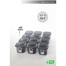 Aes Home Kırılmaz Kare Erzak Saklama Kabı Füme  0,55 Lt x 12 Adet 12' Li Set (6'lı Kaşık Seti ve Etiket Hediyeli)