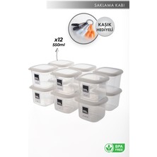 Aes Home Kırılmaz Kare Erzak Saklama Kabı Beyaz 0,55 Lt x 12 Adet 12' Li Set (6'lı Kaşık Seti ve Etiket Hediyeli)