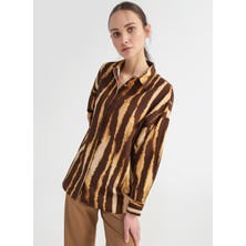 Fabrika Comfort Gömlek Yaka Desenli Kahve - Bej Kadın Gömlek Cm-Sorıs