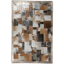 Dericibey Kahverengi & Krem Gold Varaklı Dana Derisi Patchwork Halı 80 x 150 cm