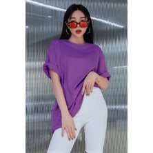 Millionaire Mor Basic Düz Baskısız Oversize Salas Boyfriend Kadın T-Shirt