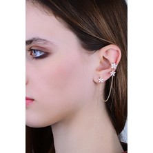 Söğütlü Silver Gümüş Rose Zirkon Taşlı Özel Tasarım Lotus Zincirli Kıkırdak Küpe