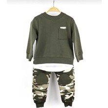 MGD Kamuflaj Asker Sweatshirt Eşofman Takımı Alt Üst Takım-Haki Yeşil(1beden Büyük Alınız)