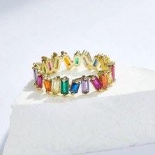 Dream Butik Renkli Baget Taşlı Rainbow Rhinestone Kaya Kristali Elmas Tamtur Yüzük  8