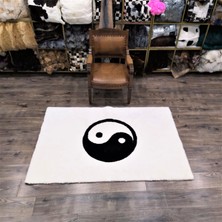 Dericibey Krem ve Beyaz Renk Ying Yang Peluş Halı 80 x 150 cm - Krem