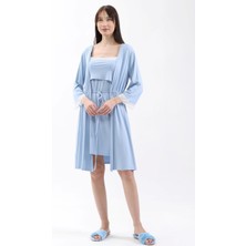 Luvmabelly MYRA9651 Sabahlıklı Önden Bölmeli Dantelli Emzirme Geceliği -Mavi