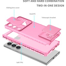 Eabhulie Samsung Galaxy S23 Ultra Kayar Kamera Kapaklı Sağlam Standı Telefon Kılıfı - Pembe (Yurt Dışından)