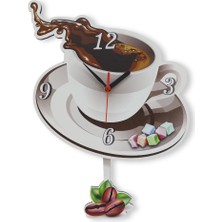 CajuArt Kahve Fincan Resimli Sallanan Sarkaçlı Oval Mutfak Duvar Saati Ahşap Malzeme ile