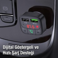 Polhammobile Polham Bluetooth V5.0 LED Ekranlı Fm Transmitter Araç Kiti, 2x USB 1x Micro Sd Girişli Fm Transmitter