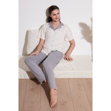 Lela Desenli Kısa Kollu Beli Lastikli Gömlek Yaka Dokuma Pijama Takım Bayan Pijama Takımı 6097515