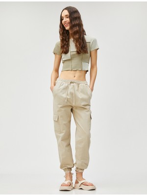 Koton Crop Tişört Renk Bloklu Bisiklet Yaka Kısa Kollu