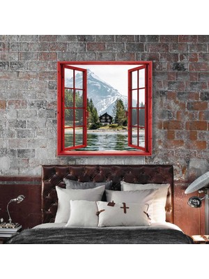 SML Tablo Kırmızı Pencere Dağ ve Göl Manzarası Doğa Kanvas Tablo