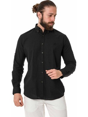 CH199 Siyah Keten Yazlık Regular Gömlek