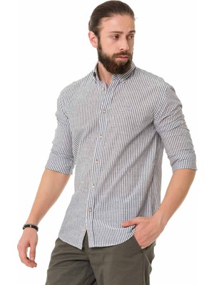 CH194 Gri Beyaz Çizgili Keten Gömlek