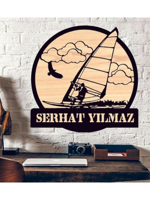 Yelkli Rüzgar Sörfü Diz Temalı Ahşap Duvar Tablo