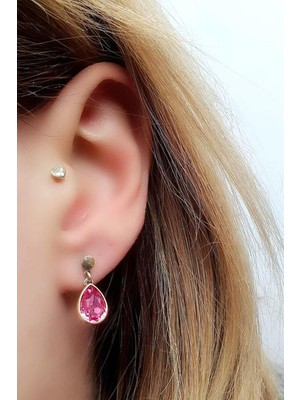 Ose Shop 925ayar Gümüş Üzerine Altın Kaplama Pembe Swarovski taşlı Damla Küpe