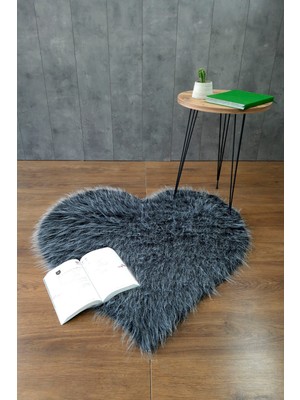 Bonny Home Kürk Halı Kalp Antrasit  150 x 150  Puf Peluş Post Tüylü Dekoratif Puffy Kaymaz Yumuşak Shaggy Yolluk