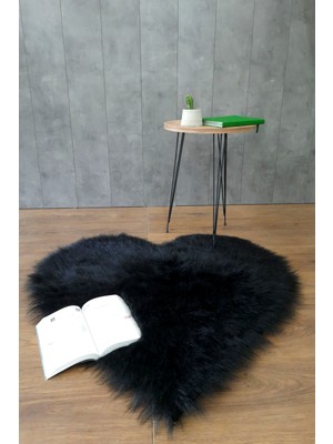 Bonny Home Kürk Halı Kalp Siyah  150 x 150  Puf Peluş Post Tüylü Dekoratif Puffy Kaymaz Yumuşak Shaggy Yolluk