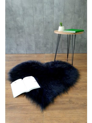 Bonny Home Kürk Halı Kalp Lacivert  150 x 150  Puf Peluş Post Tüylü Dekoratif Puffy Kaymaz Yumuşak Shaggy Yolluk
