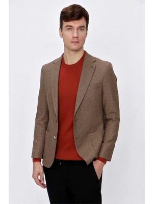 Morven  Erkek Kahve Yünlü Pitikareli Dokuma Slim Fit Dar Kesim Torba Cep 6 Drop Ceket