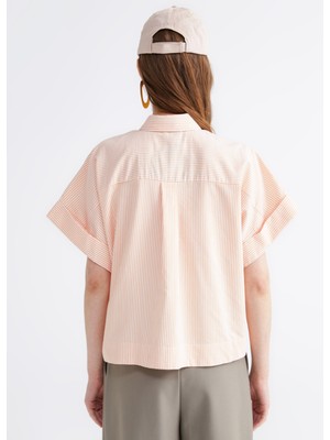 Fabrika Comfort Gömlek Yaka Çizgili Turuncu - Beyaz Kadın Gömlek Cm-Nakos