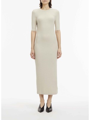 Calvin Klein Bisiklet Yaka Bej Midi Kadın Elbise K20K205277ACN