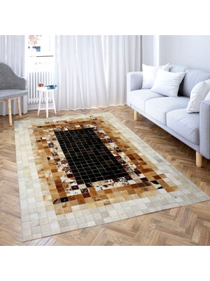 Dericibey Krem & Karamel Rengi Doğal Dana Derisi Patchwork Halı 120 x 180 cm