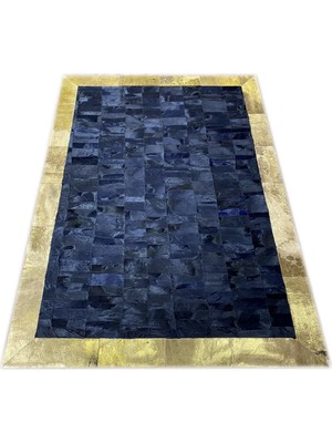 Dericibey Gold Varaklı Lacivert Patchwork Doğal Deri Halı 80 x 150 cm