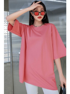 Millionaire Pembe Basic Düz Baskısız Oversize Salas Boyfriend Kadın T-Shirt