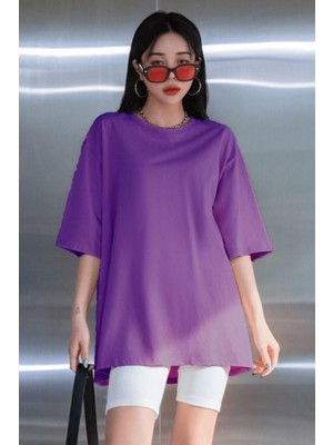 Millionaire Mor Basic Düz Baskısız Oversize Salas Boyfriend Kadın T-Shirt