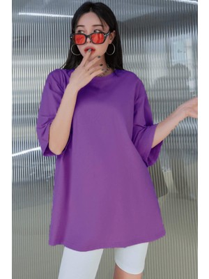 Millionaire Mor Basic Düz Baskısız Oversize Salas Boyfriend Kadın T-Shirt