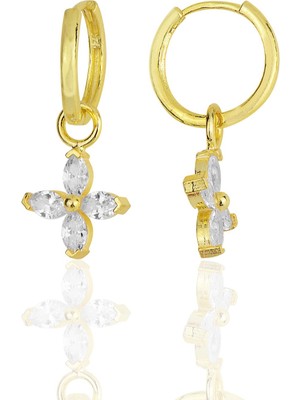 Söğütlü Silver Gümüş Altın Yaldızlı Zirkon Taşlı Dört Yapraklı Yonca Küpe