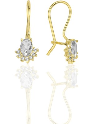 Söğütlü Silver Gümüş Altın Yaldızlı Oval Kesim Zirkon Taşlı Pırlanta Modeli Çengelli Küpe