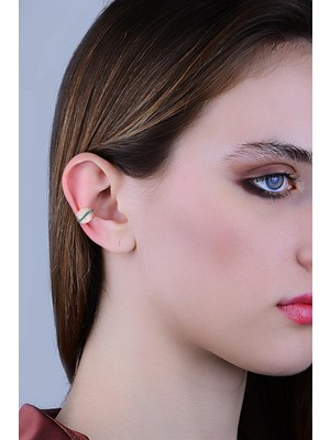 Söğütlü Silver Gümüş Rose Yeşil Taşlı Yaprak Modeli Sıkıştırmalı Kıkırdak Küpe  Ear Cuff