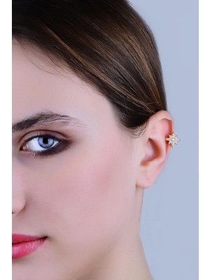 Söğütlü Silver Gümüş Altın Yaldızlı Zirkon Taşlı Sıkıştırmalı Kutup Yıldızı Kıkırdak Küpe Ear Cuff
