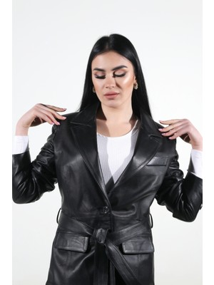 Woog Deri Blazer Model Kadın Siyah Hakiki Deri Ceket