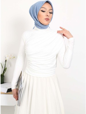 Krem Balıkçı Yaka Drapeli Sandy Bluz