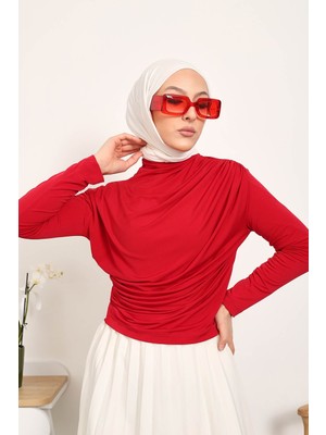 İmaj Butik Kırmızı Balıkçı Yaka Drapeli Sandy Bluz
