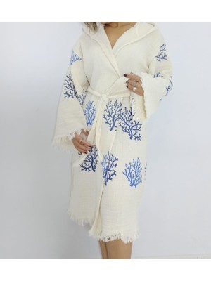 Blue Mercan Desenli Lüks Müslin Bornoz