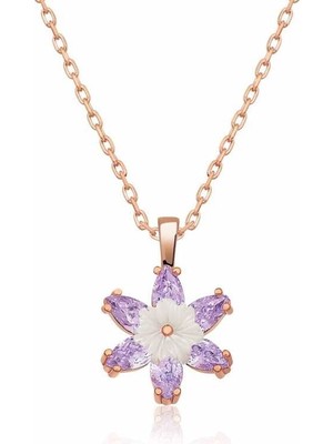 925 Ayar Gümüş Rose Lila Lotus Çiçeği Kadın Gümüş Kolye