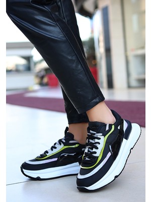 Modalem Aleh Siyah Cilt Lila Detaylı Spor Ayakkabı