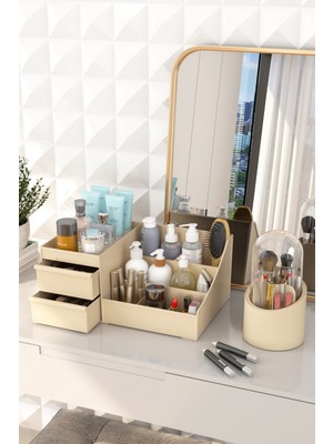 Dovi Home Bonnie Makyaj Kozmetik ve Fırçalık Düzenleyici Organizer 2'li Set Krem